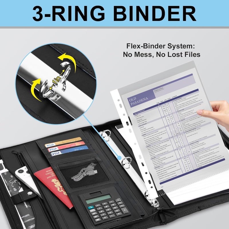 Eshow Portfolio Organizer - 3 Ring Binder with Zipper, Vegan Leather Business Padfolio Folder with Notepad Includes 10 Clear Sheet Protectors for Documents Files for Men Women - Image 5
